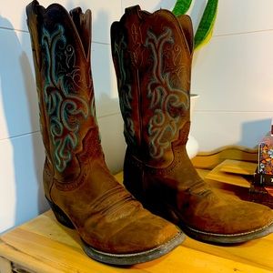 Women’s Justin cowboy boots brown with teal thread